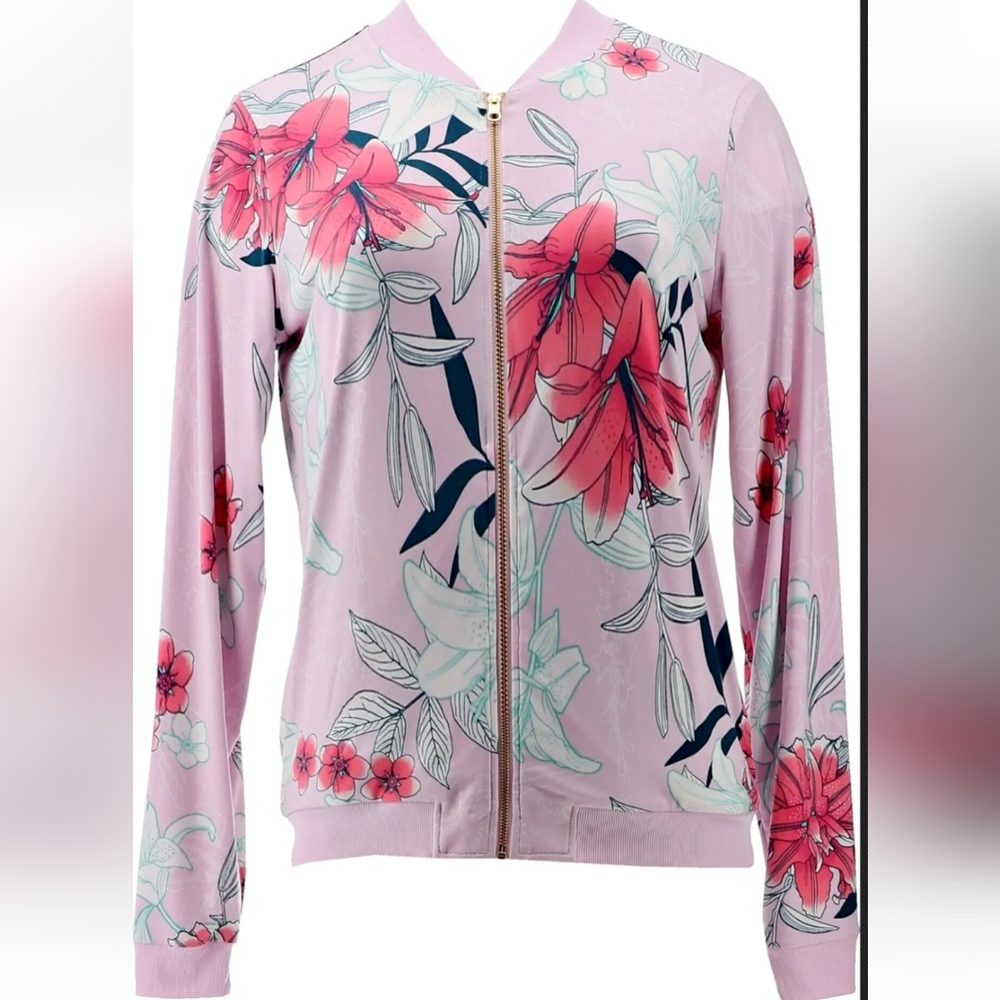 Womens IMAN Chic Pink Floral Stretch Knit Bomber Jacket with Pockets Size Large